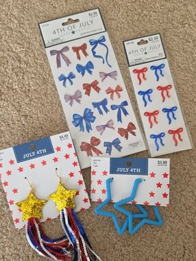 Hobby Lobby Kids 4th of July Red Blue Gold Bow Stickers & Star Earrings Set